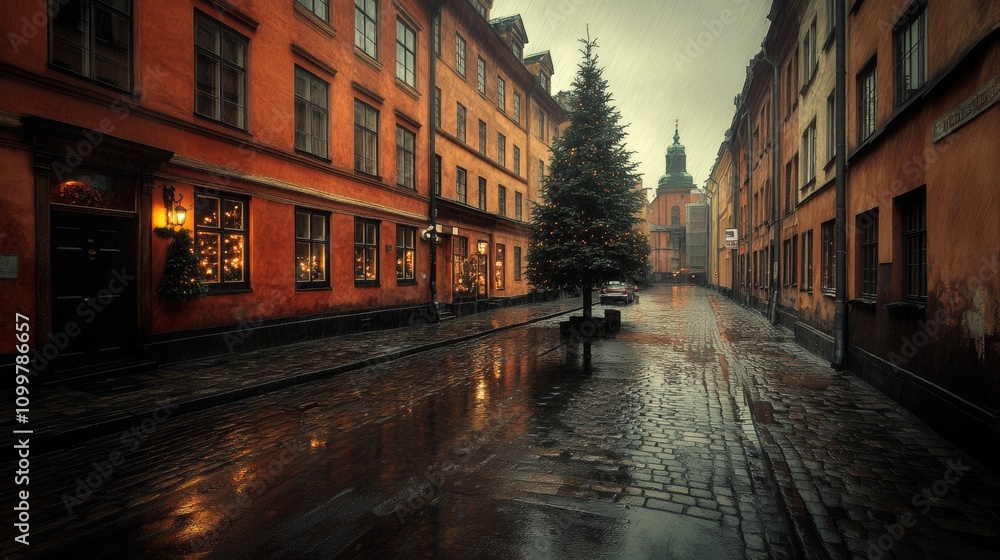 Naklejka premium Festive City Streets Adorned with Christmas and New Year Decorations.Concept of Festive,holiday cheer,winter wonderland,family traditions,community spirit,Retail,tourism, event planning,real estate.