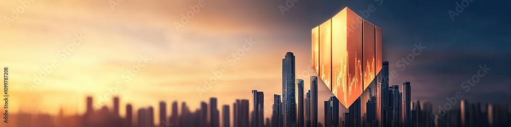 Fototapeta premium Golden shield floating above a city skyline, deflecting collapsing stock market charts, financial security and protection,