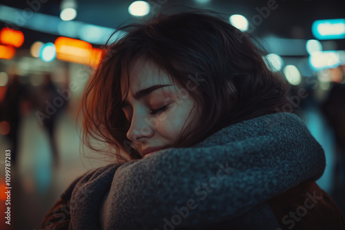 Friends embrace during a heartfelt goodbye at a bus station in the evening photo