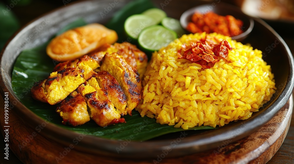 Fototapeta premium Delicious Turmeric Rice with Grilled Chicken and Lime