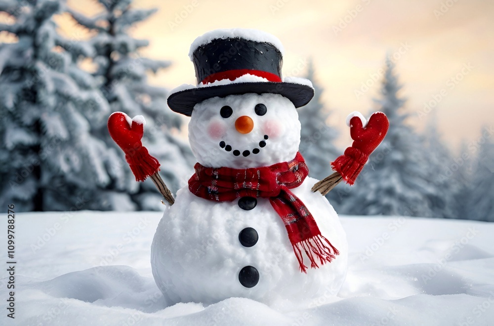 Fototapeta premium Friendly snowman, with a warm smile, stands tall in a pristine field of snow.