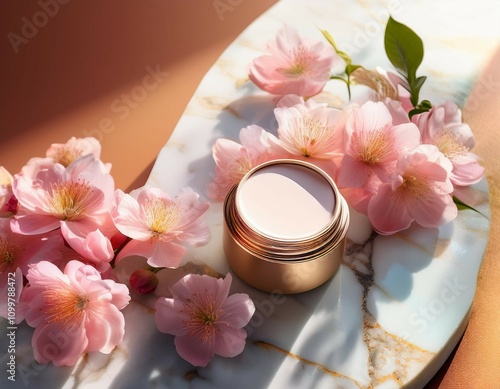 cosmetic product mockup luxurious skincare jar on colorful marble surface with pink flowers in sunlight