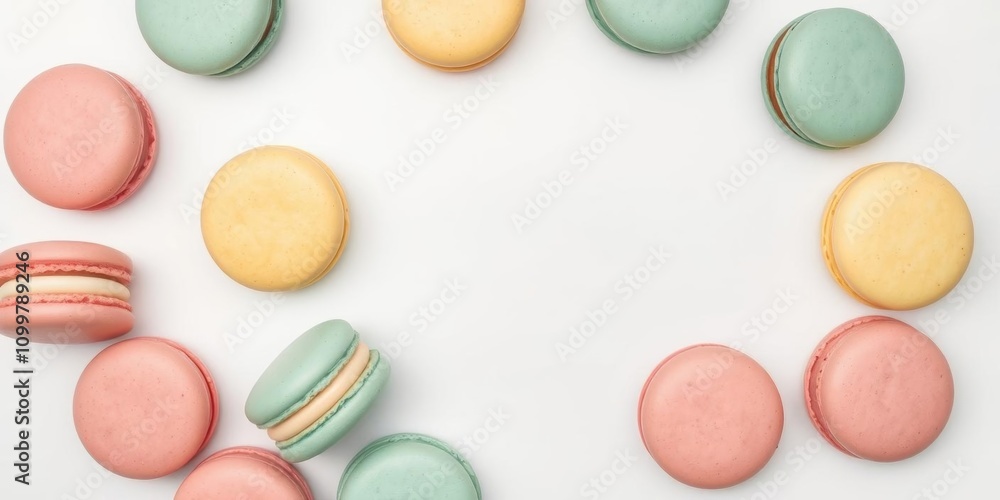 Obraz premium Macarons cake arranged in a falling pattern on a white background, top view with copy space, fly, isolated, dessert