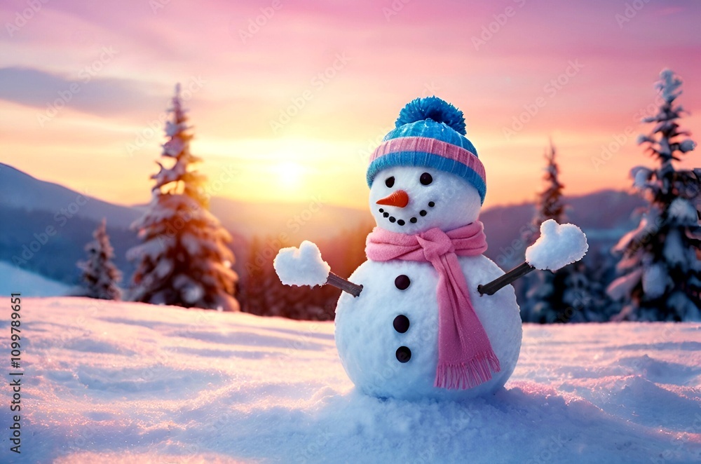 Obraz premium Cute snowman stands tall in a pile of snow, silhouetted against a vibrant sunrise.
