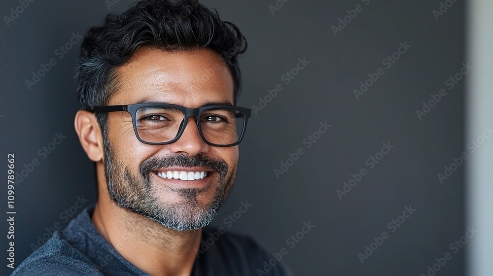 Obraz premium Smiling Hispanic Man with Sleek Glasses Posing in Front of Gray Wall