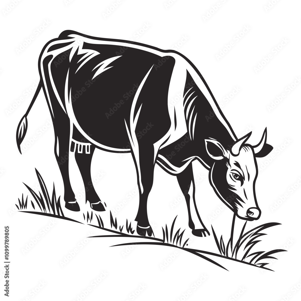 Fototapeta premium Black vector Silhouette and Outline of a cow is eating grass Isolated on white background