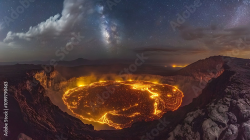 The Spectacular Night View of Mount Nyiragongo Lava Lake: Illuminated by Molten Lava and a Starry Sky Reflecting Volcanic Activity photo