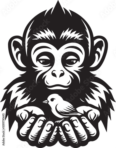 A Chimpanzee Gently Holding a Bird, Symbol of Peace and Harmony. A captivating black and white graphic design showcases a chimpanzee cradling a small bird in its hand.