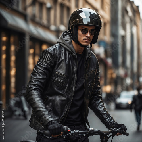 Young man in black leather jacket and black helmet on motorcycle