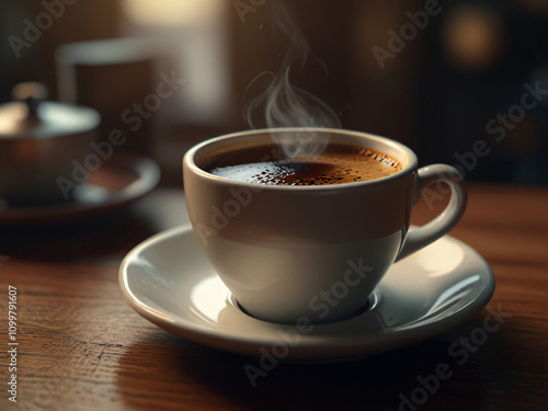 This cozy scene features a perfectly brewed coffee.