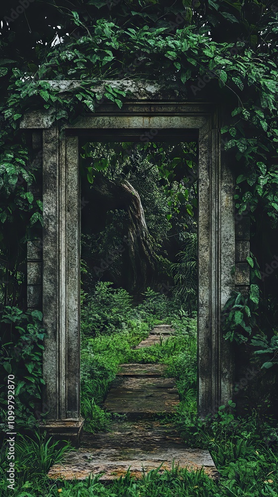 Obraz premium Overgrown Stone Archway Leading to a Hidden Path in a Lush Jungle