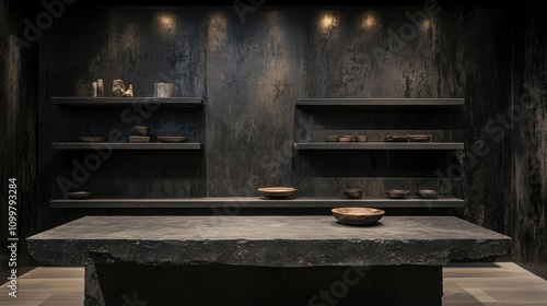 Black cement table with matching shelves against a dark showroom backdrop, designed elegantly for product display and minimalistic aesthetics.