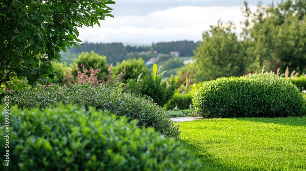 Lush green shrubbery surrounding a vibrant lawn with rolling hills and a cloudy sky in the background, creating a serene outdoor landscape. Lush green shrubbery surrounding a vibrant lawn with rolling hills and a cloudy sky in the background, creating a serene outdoor landscape.