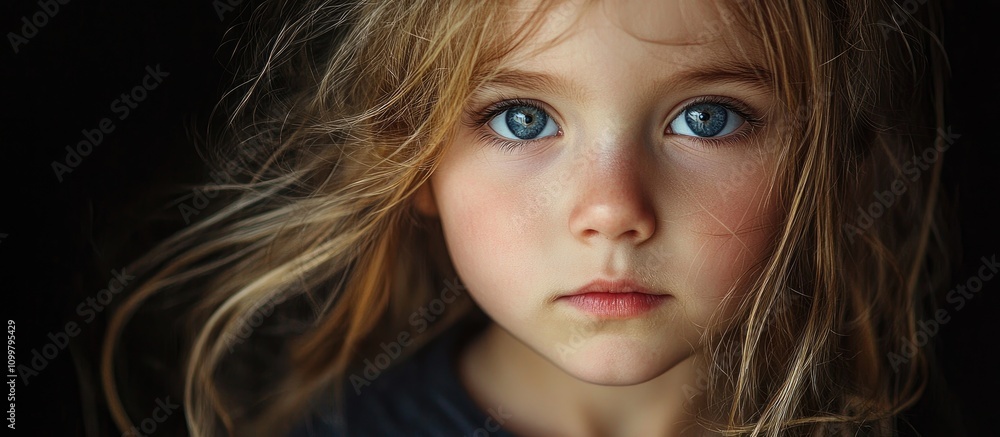 Naklejka premium Facial Portrait Of A Little Girl With Hair Dressing On A Dark Background