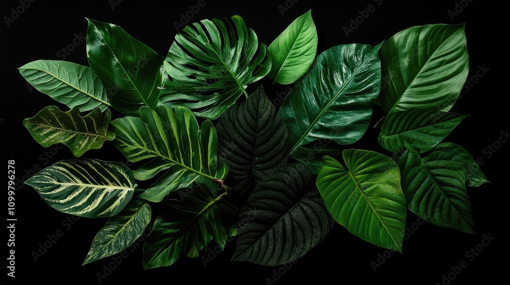 Fototapeta premium Close up of assorted dark green tropical leaves bunches isolated on a black background featuring a clipping path Perfect for design templates and frames with space for text