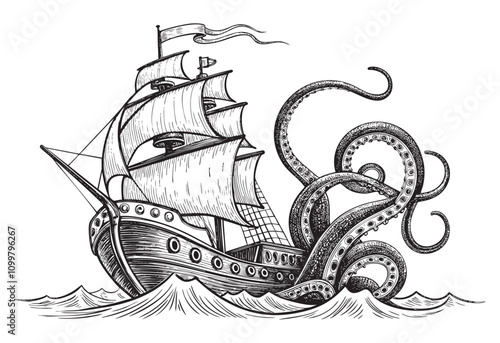 ship octopus sketch drawing hand drawn vector illustration