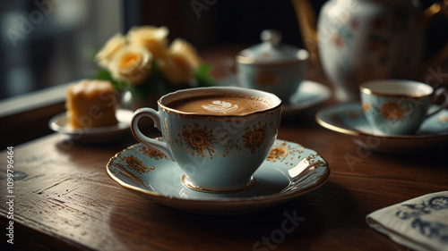 A beautifully crafted latte coffee sits on a saucer, placed on a wooden table by a window with a view of lush green trees. photo