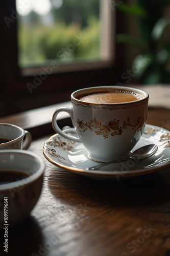 A beautifully crafted latte coffee sits on a saucer, placed on a wooden table by a window with a view of lush green trees. photo