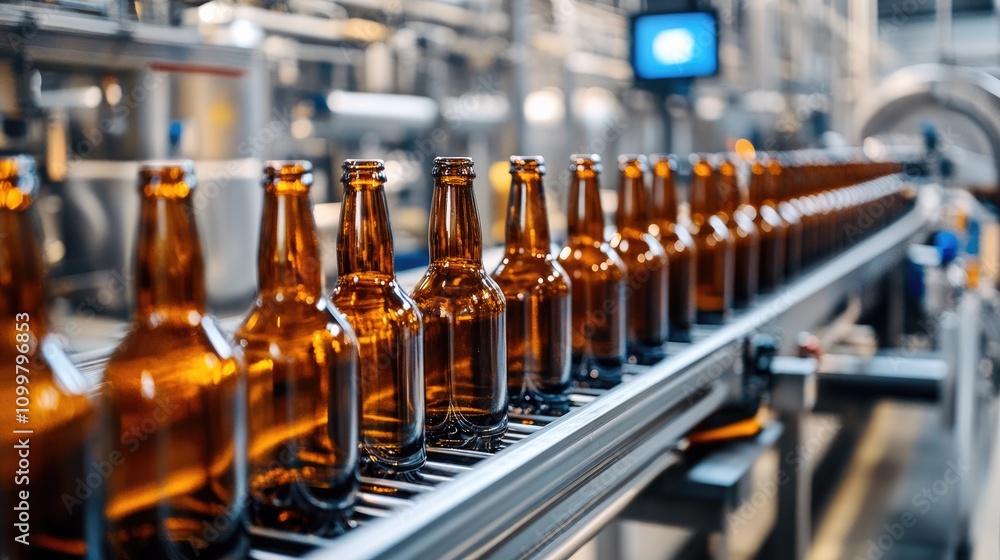 Naklejka premium A banner highlighting a conveyor at a brewery where brown glass bottles move through a production line featuring advanced machinery in an industrial space with room for text