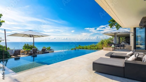 Luxury Tropical Poolside View, Infinity Pool Deck, Oceanfront Paradise, Relaxing Outdoor Oasis with Sea Horizon