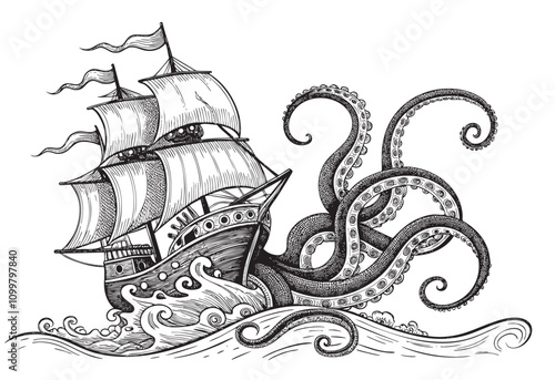 ship octopus sketch drawing hand drawn vector illustration