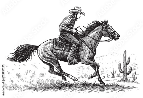 wild west texas rodeo western cowboy on horse sketch drawing hand drawn vector illustration