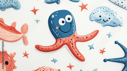 Cute Cartoon Sea Creatures  Octopus  Fish  Starfish Illustration photo