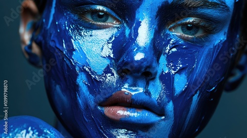 A young model s face adorned with vibrant blue paint photo