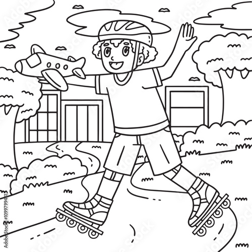 Inline Skating Boy with Toy Coloring Page for Kids