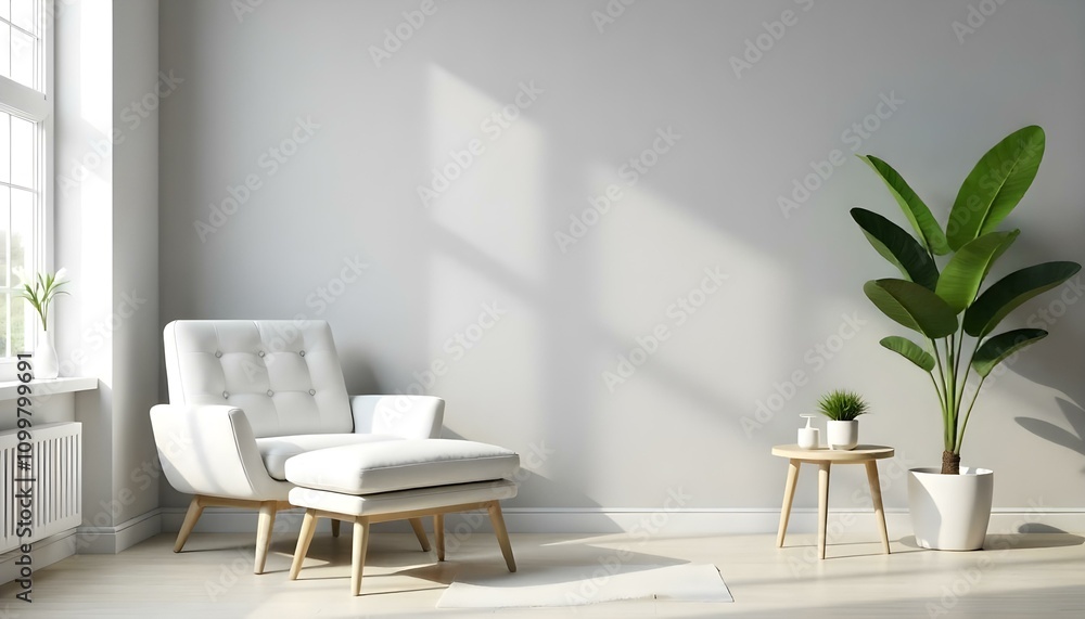 Fototapeta premium A modern minimalist living room with a gray wall , a white armchair , and a small side table with a potted plant