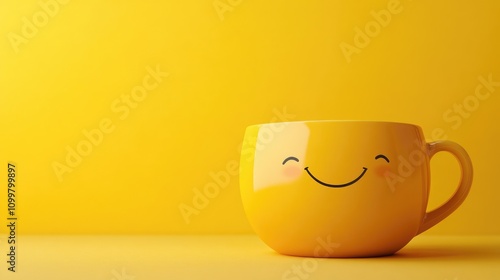 Joyful tea in a large yellow cup featuring a smiling emoji set against a vibrant yellow background Ideal for motivational themes with space for text Horizontal layout photo