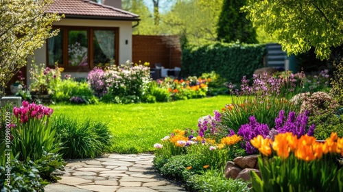 Wallpaper Mural Vibrant backyard garden in full bloom during the spring season Torontodigital.ca