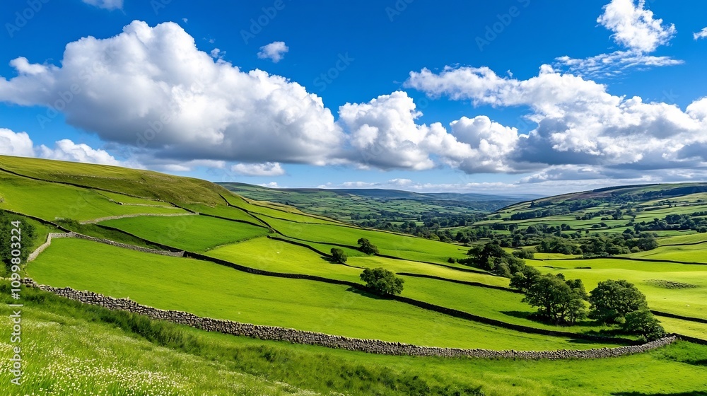 Fototapeta premium Lush Green Rolling Hills Under Bright Blue Sky with Fluffy White Clouds