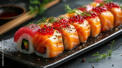 Delicious Salmon and Tuna Sushi Rolls with Tobiko photo