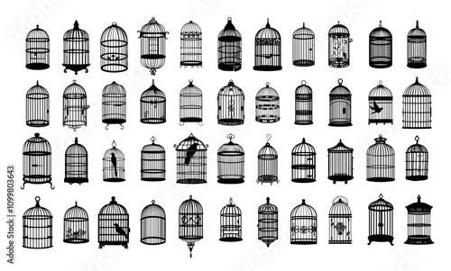Black silhouettes bird cage. Aviary metal container for soaring animals, enclosure hutch from rods, corral confinement prison and freedom symbol isolated vector icons on white background