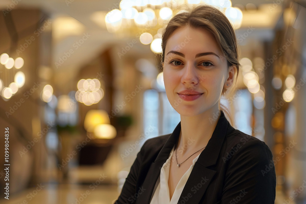 Fototapeta premium Generative AI Image of Smiling Female Receptionist at Hotel Lobby Desk