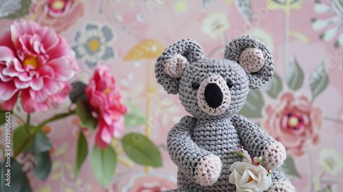 Hand made crochet koala doll on pink and beign tile background photo