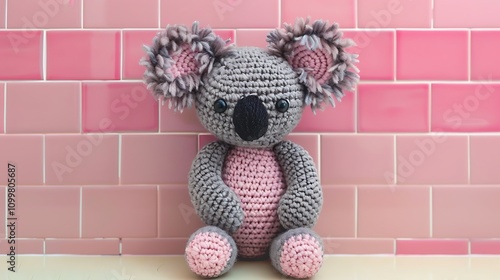 Hand made crochet koala doll on pink and beign tile background photo