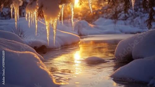 melting icicles dripping into a clear stream surrounded by snow, with golden February sunlight warming the scene