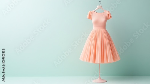 Elegant peach dress on mannequin against pastel green backdrop, showcasing fashion style and design. photo