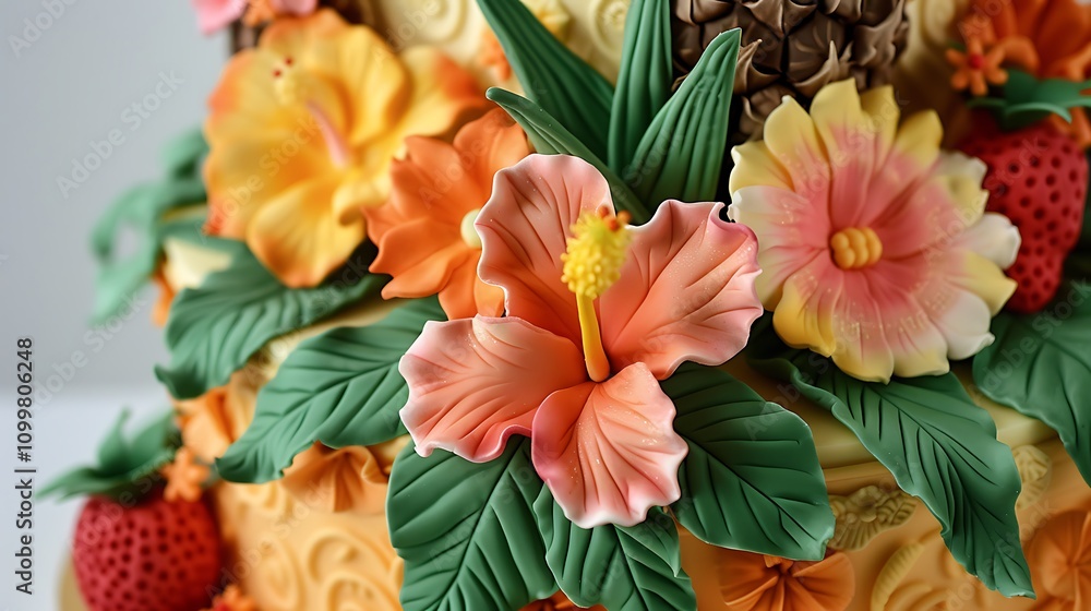 Fototapeta premium Hawaiian luau cake with hibiscus flowers and tropical fruits