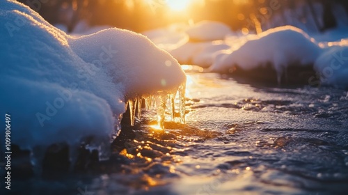 melting icicles dripping into a clear stream surrounded by snow, with golden February sunlight warming the scene