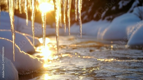melting icicles dripping into a clear stream surrounded by snow, with golden February sunlight warming the scene