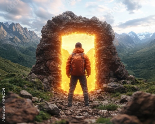 A Futuristic Adventurer Stands at a Glowing Gateway, Embarking on New Directions Journey into the Unknown, Exploring Uncharted Territories, a Digital Art Depiction of a Brave Explorer Facing a photo