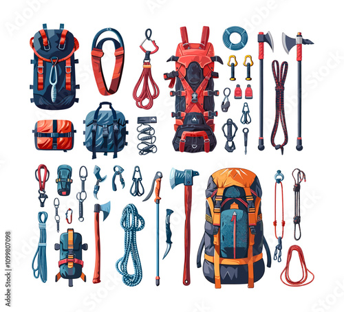 Cartoon alpinist equipment. Ice axes knives ropes with backpacks boots and helmet, cords carabiners and straps crampons, sport inventory climbing mountains gear, isolated vector illustrations
