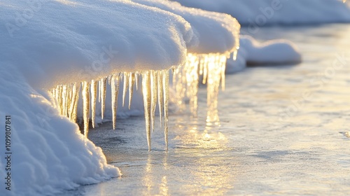 melting icicles dripping into a clear stream surrounded by snow, with golden February sunlight warming the scene