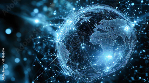 A blue globe with a network of lines and dots surrounding it