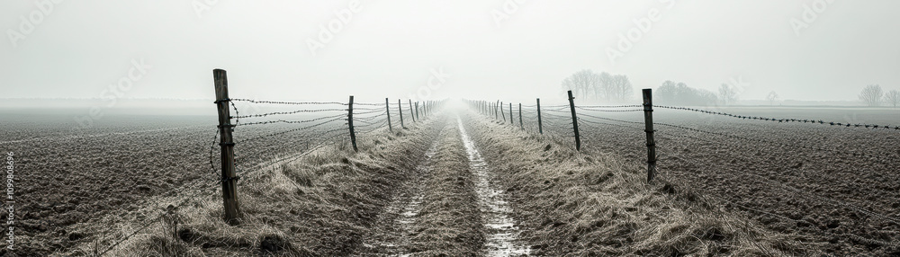 Obraz premium A field with a fence and a road in the middle