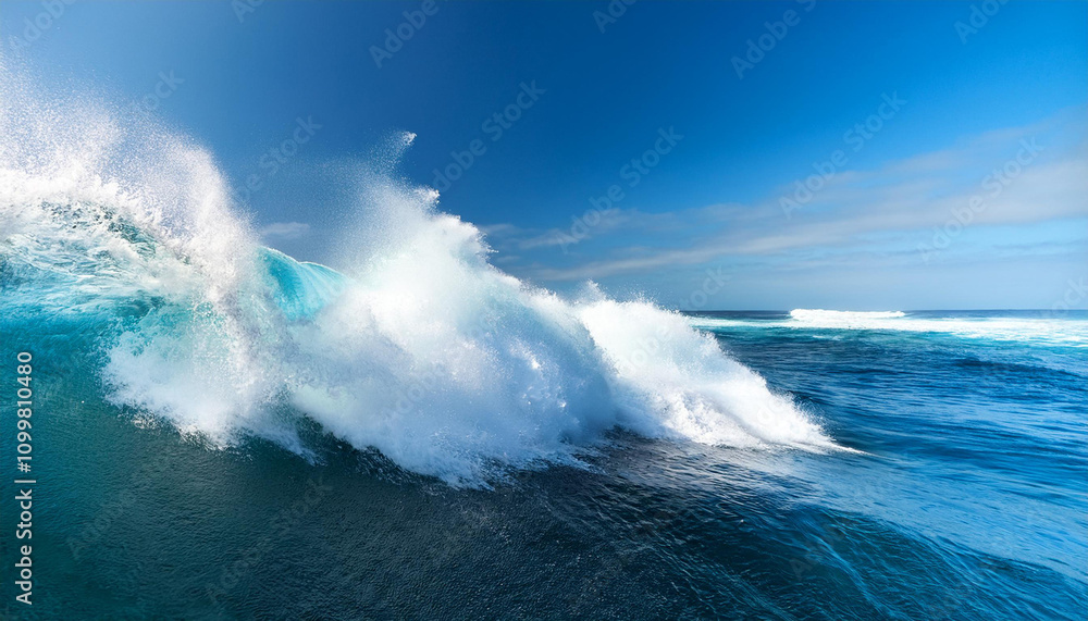Naklejka premium massive wave crashing in the ocean with white foam and blue water
