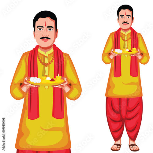 Indian Pandit Ji Holding Puja Thali Cartoon Character Vector Illustration